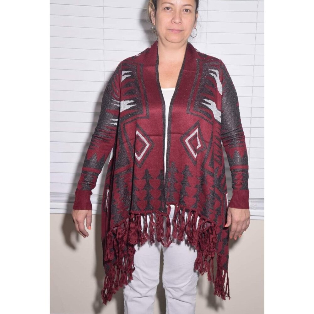 Ethnic Design Cardigan Burgundy With Black Tones Warm Sweaters